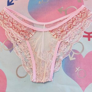 May include: Pink lace underwear with a delicate floral pattern. The underwear is sheer and has a soft, feminine look.