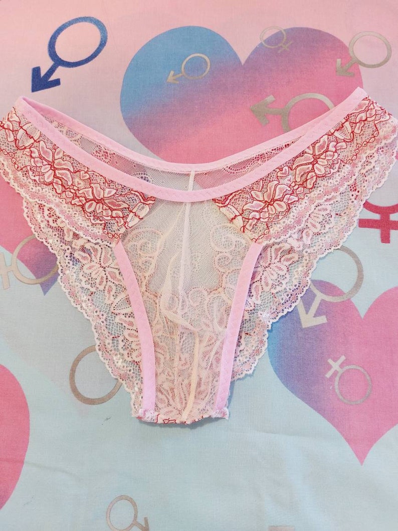 May include: Pink lace underwear with a delicate floral pattern. The underwear is sheer and has a soft, feminine look.