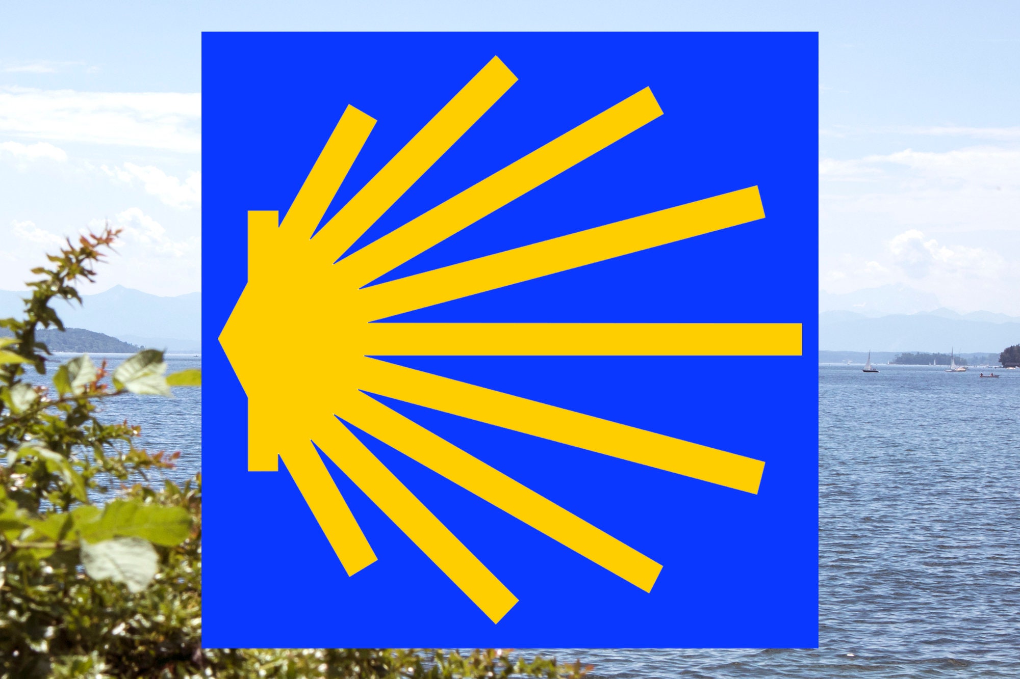 Way of St. James shell, vinyl sticker with blue background / Camino de Santiago