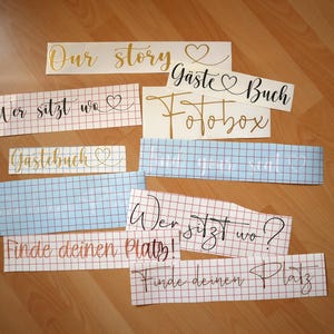 Adesivos de vinil com a inscrição "Encontre seu assento/mapa de assentos/etc." em diversas fontes e cores --- 16-32 cm de comprimento - UNIDADES (1-20 unidades)