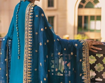 Salwar Kameez, organza dupatta brodé en soie, costume pendjabi personnalisé
