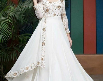 Indian pakistani long frock anarkali kurti gown white color wedding frock style kurti salwar suit reception wedding anarkali
