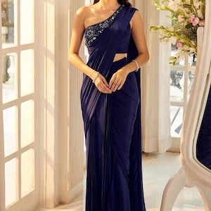 one shoulder saree dress Maroon Floral One-Shoulder Draped Saree Gown with Embroidered Bustier XL