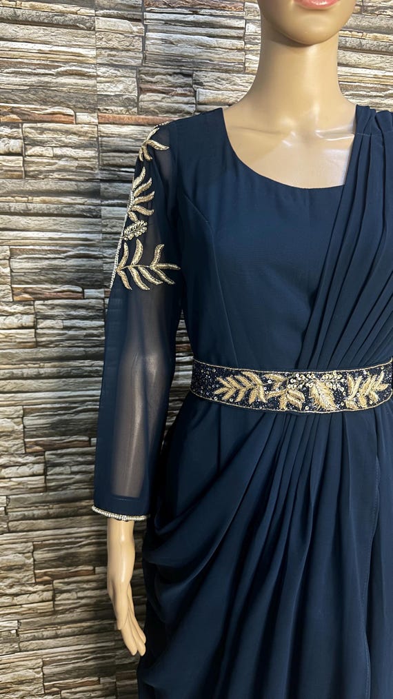 blue dress with gold belt Navy Georgette Gown: Embroidered Sleeve Indo Western NA-11.19.25AM Strap Backless Linen Dress UK | AU Size:24 Brought to you in