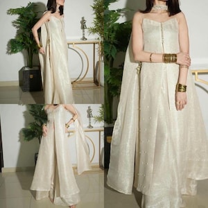 Shimmer organza party wear salwar suit/white organza pakistani style front open kurta/stylish evening wear/mehendi sangeet outfit
