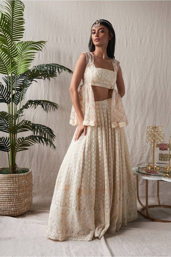 Beautiful Indo Western Outfit Chikankari Skirt With Mirror Work Jacket  Peplum Top and Skirt Blouse Custom Made Designer Outfit Evening Gown - Etsy