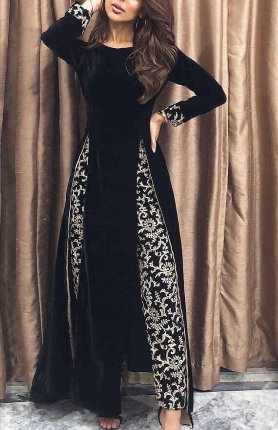Black Velvet Salwar Kameez with Banarse Trouser, Custom Punjabi Suit