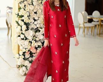 Red Silk Salwar Kameez: Pakistani Suit with Stone Embroidery