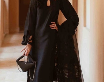 Black raw silk pakistani salwar suit with ruffle dupatta stylish party wear indian salwar suit