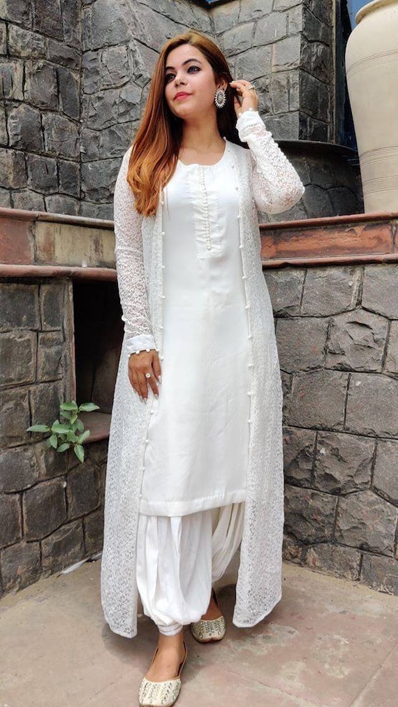 Custom Made White Color Kurti With Long Net Shrug Designer Stitched Dress  for Casual and Party Wear Indian Ethnic Wear Pakistani Salwar Suit - Etsy