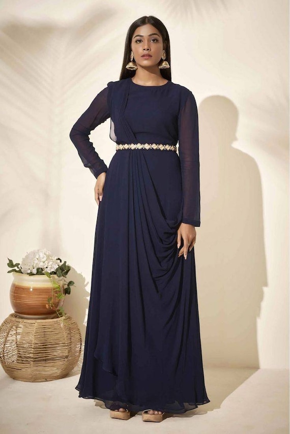 Buy Online New Designer Light Sky-blue Indo-Western Gown With Price.