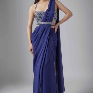 blue georgette predrape saree/party wear prestitch saree with handembroided blouse and belt