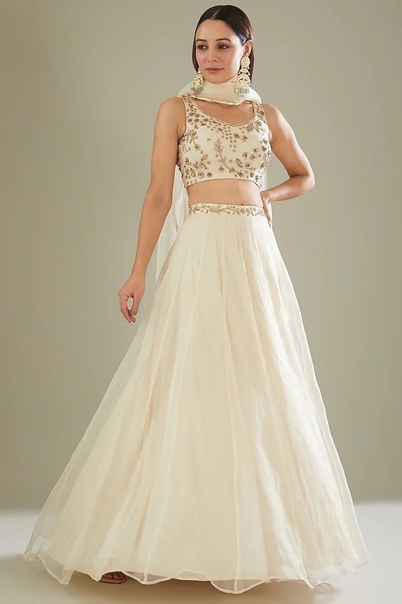 White Organza Lehenga Choli: Zardozi Handwork, Indian Bridesmaid