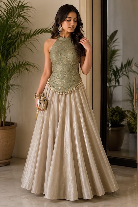 Stylish corset  top with organza skirt bollywood style outfit indo western fusion outfit wedding guest outfit