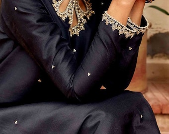 Raw silk salwar kameez with zardozi handembroidry in custom colors straight kurta plazzo set mehendi sangeet outfit dress material for women