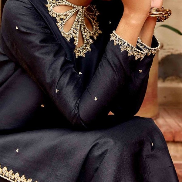 Salwar Kameez, soie brute, parure Kurta Plazzo brodé à la main Zardozi