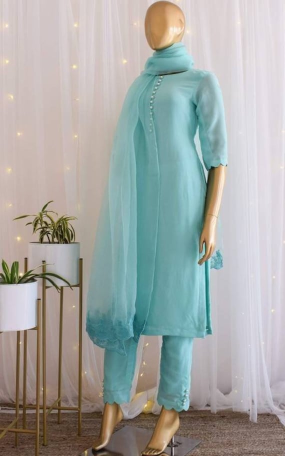 Get Deep Green & Sky Blue Embroidered Pleated Kurti With Multi Striped Tulip  Pants at ₹ 1749 | LBB Shop