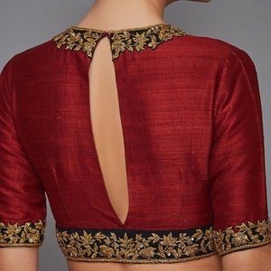 Red Bridal Hand Embroidered Blouse in Raw Silk