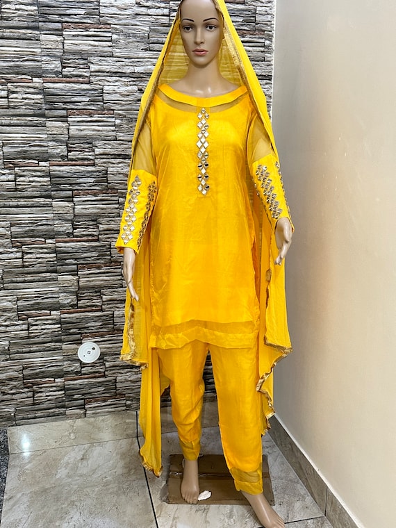 Dazzling Yellow Foil Mirror Work Kurti & Sharara For Party Wear – Cygnus  Fashion