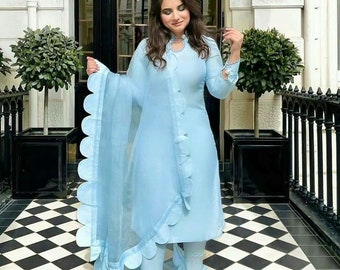 Silk salwar kameez with organza scalloped dupatta Pakistani salwar suit mehendi sangeet punjabi outfit custom made kurti patuaka salwar suit