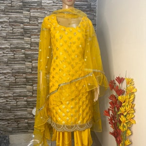 Yellow banarse brocade salwar suit with net ruffle dupatta mehendi sangeet salwar suit patiala salwar punjabi suit for girls a line suit
