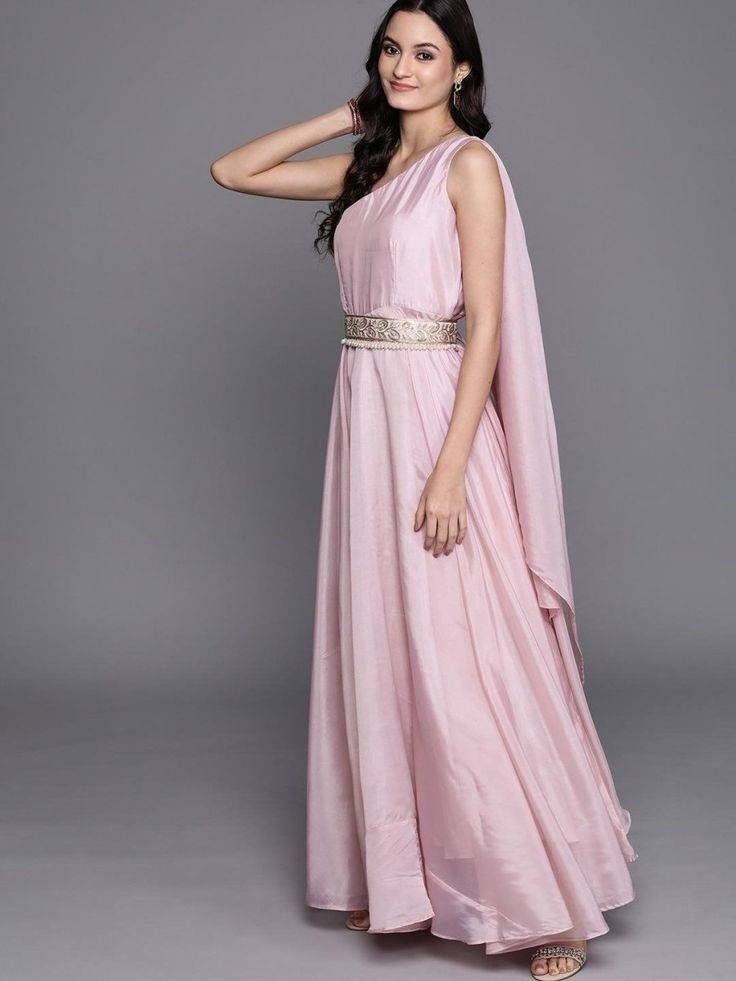 Custom Made Pink Color One Shoulder Gown With Attached Dupatta and