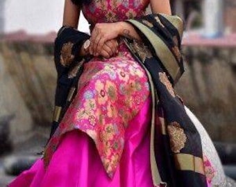 Indian silk indo western skirt top pure banarse brocade top with circled plazzo skirt banarse dupatta gorgeous skirt top party wear sharara