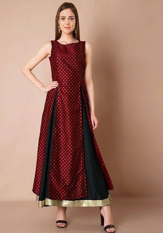 Raw silk readymade party wear kurti set maroon with butta prints & zar –  Maatshi