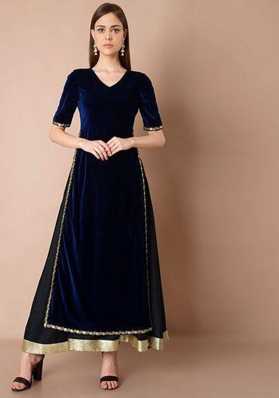 Indian Pakistani Long Velvet Kurti With Silk Skirt Stylish Indo