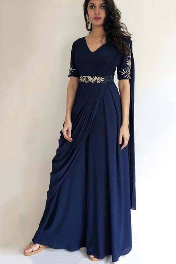 Share 131+ blue long gown with sleeves latest