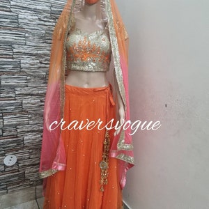 Indian designer fully stitched orange lehenga crop top party wear lehenga bridesmaid lehenga gown ethnic traditional dress.