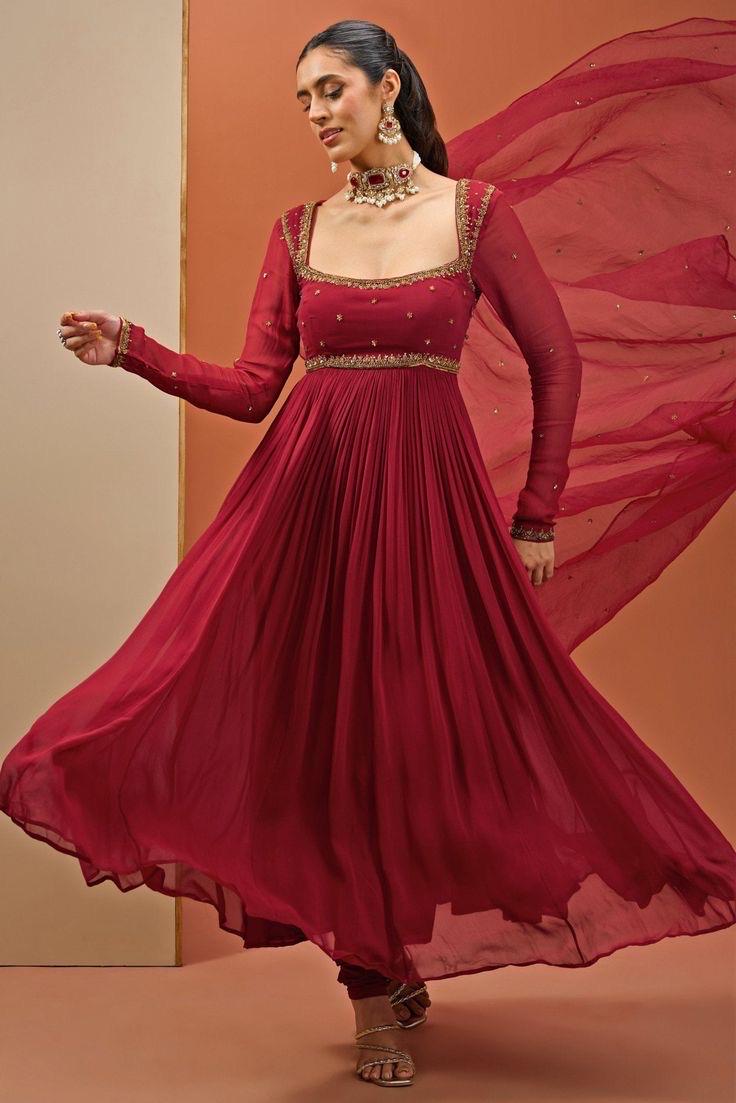 maroon georgette anarkali/party wear ethnic anarkali outfit/mehendi sangeet outfit/gift for her