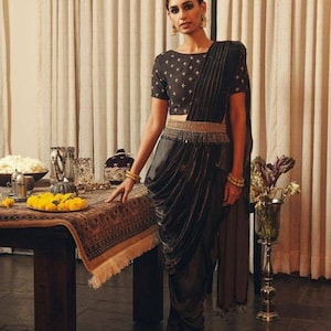 Beautiful black color indo western dress embellished with zardozi embroidry drape saree dhoti skirt half saree for parties weddings