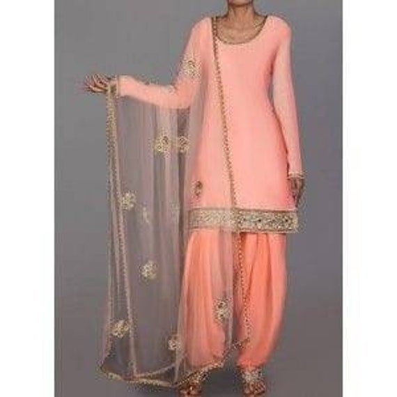 Peach-Coloured Woven Design Thread Work Straight Kurta & Trousers With–  Inddus.in