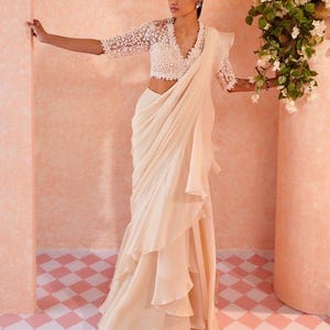 Prestitch Sari mit handbestickter Bluse/indische Hochzeit Saree/Cocktail Cocktail Saree