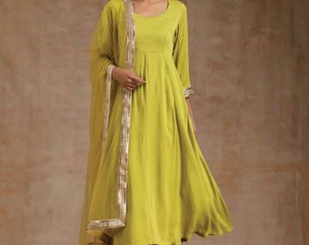 Green Anarkali Outfit with Organza Dupatta: Mehendi Sangeet Party Wear
