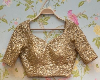 Indyjska designerska bluzka do sari z ciężką cekinową aplikacją, ciężka bluzka na sari, designerska bluzka na imprezę