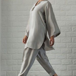 Conjunto de kurta corta de satén modal gris, ropa informal, traje salwar pakistaní
