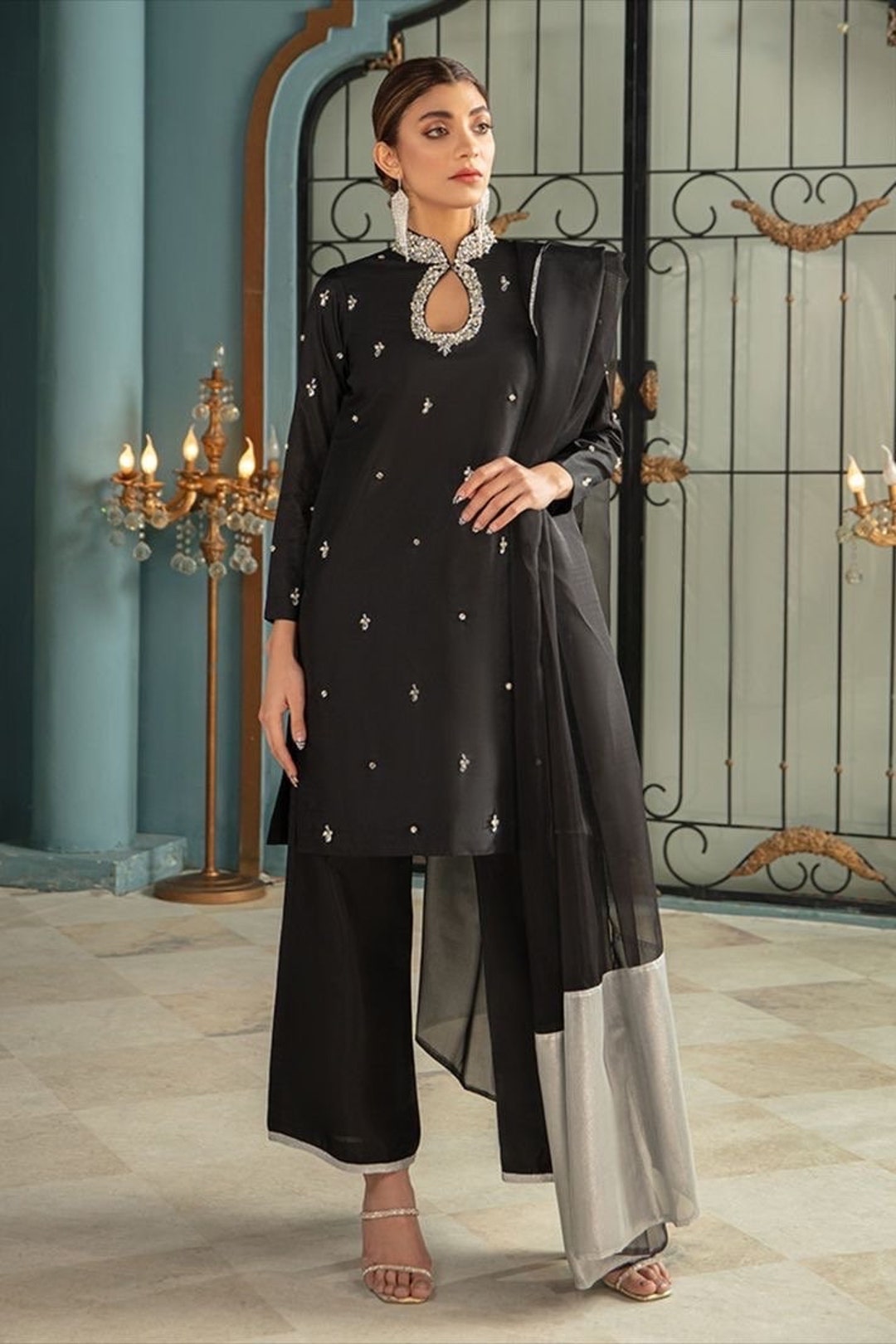 Black Moonga Silk Embroidered Trendy Salwar Suit main image 1