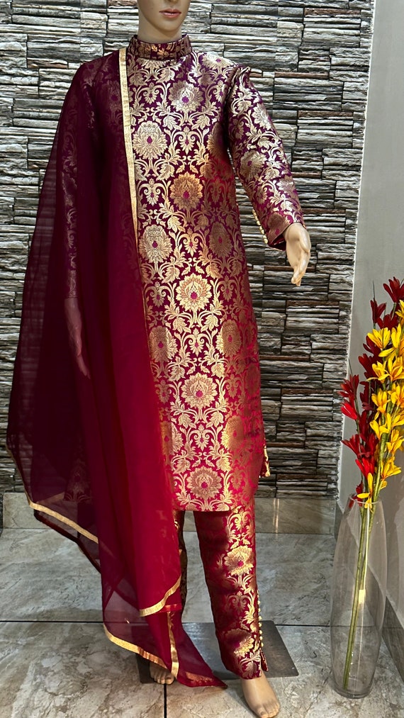 Buy LadylineFormal Plain Silk Embroidered Salwar Kameez Suit | | Straight  Pants | Shaded Silk Dupatta Online at desertcartINDIA