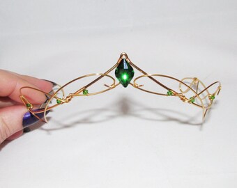 swirl and pointy tiara for costume /& abstract statement necklace Golden Brass half Crown with Bright Blue Sparkle Stone