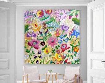 Large Abstract Flower Painting / Original Modern Wall Art / Acrylic Painting on Canvas / Colourful Boho Folk Painting for Living Room