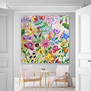 Large Abstract Flower Painting / Original Modern Wall Art / Acrylic Painting on Canvas / Colourful Boho Folk Painting for Living Room image 1