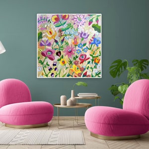 Large Abstract Flower Painting / Original Modern Wall Art / Acrylic Painting on Canvas / Colourful Boho Folk Painting for Living Room image 2