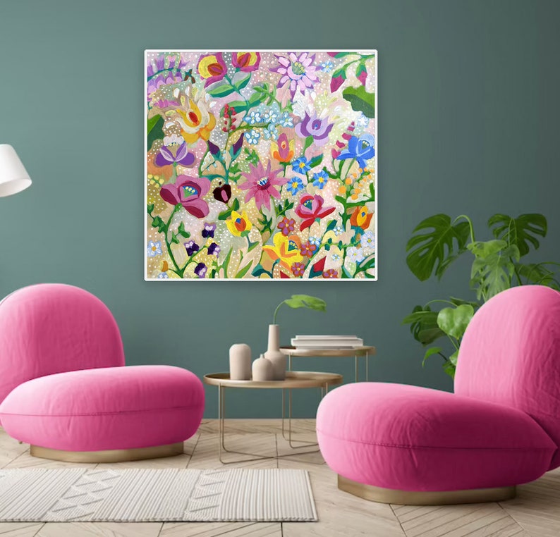 Large Abstract Flower Painting / Original Modern Wall Art / Acrylic Painting on Canvas / Colourful Boho Folk Painting for Living Room image 2