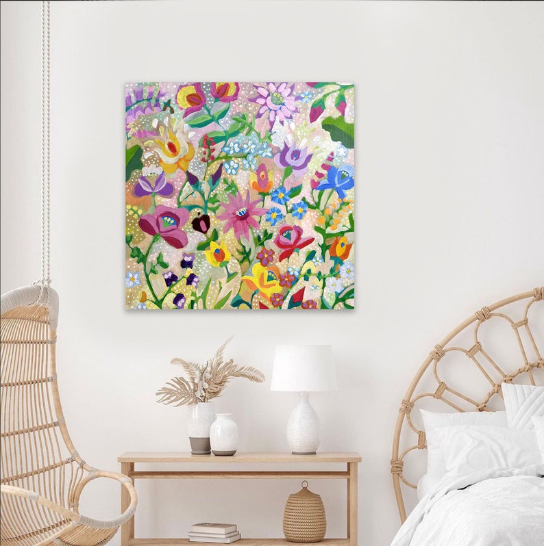 Large Abstract Flower Painting / Original Modern Wall Art / Acrylic Painting on Canvas / Colourful Boho Folk Painting for Living Room image 3