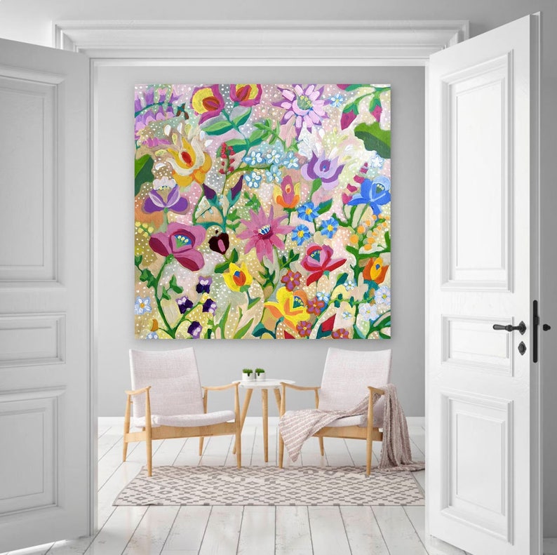 Large Abstract Flower Painting / Original Modern Wall Art / Acrylic Painting on Canvas / Colourful Boho Folk Painting for Living Room image 1