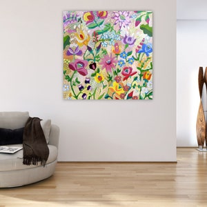 Large Abstract Flower Painting / Original Modern Wall Art / Acrylic Painting on Canvas / Colourful Boho Folk Painting for Living Room image 5