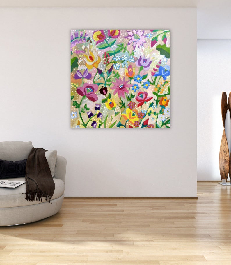Large Abstract Flower Painting / Original Modern Wall Art / Acrylic Painting on Canvas / Colourful Boho Folk Painting for Living Room image 5