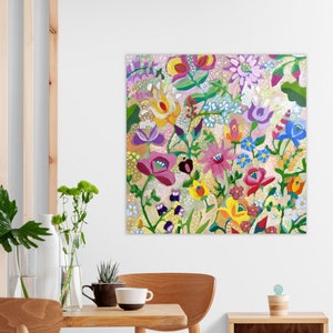 Large Abstract Flower Painting / Original Modern Wall Art / Acrylic Painting on Canvas / Colourful Boho Folk Painting for Living Room image 4